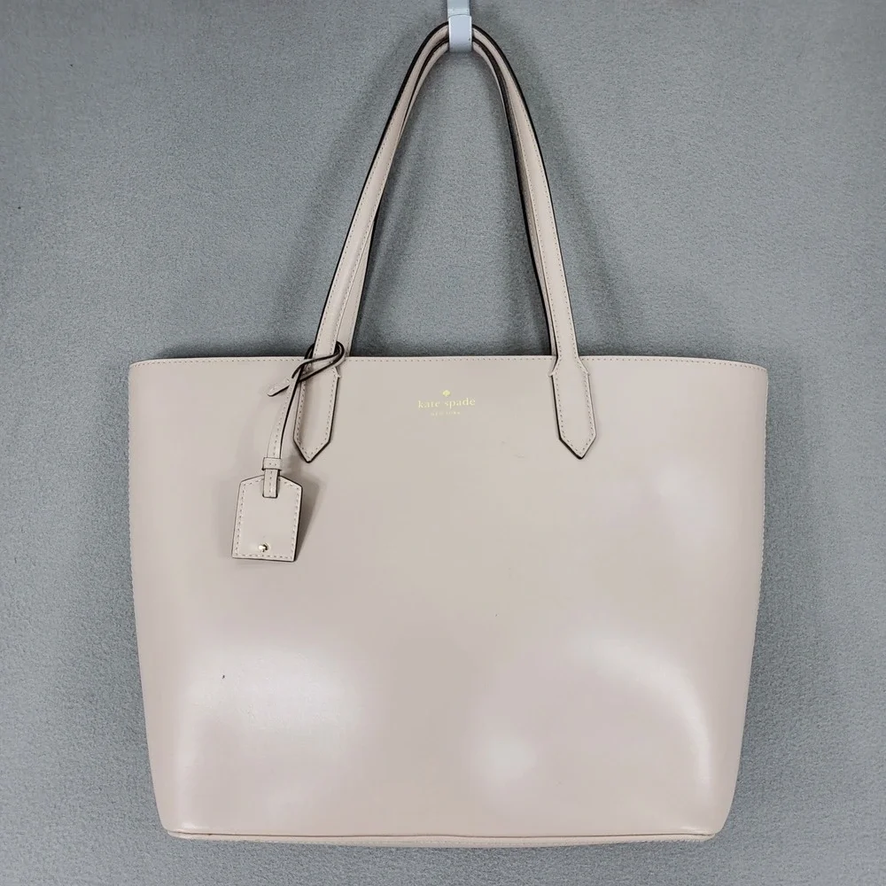 Kate Spade Leather Tote Bag Women L Beige‎ Pink Nude Gold Logo Shoulder Bag AVA